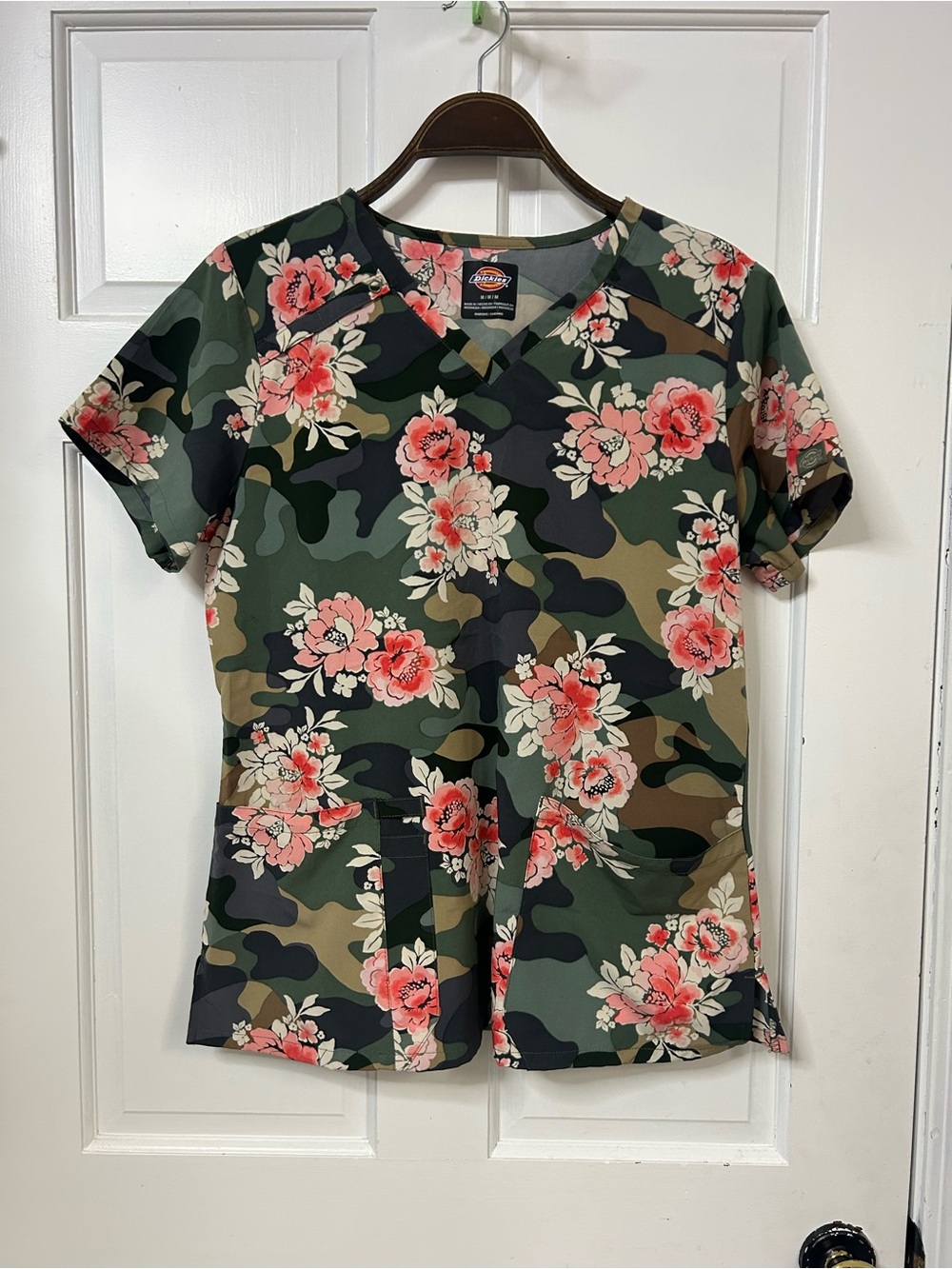 Dickies Green Camo Floral V-Neck Top with Pink Flowers